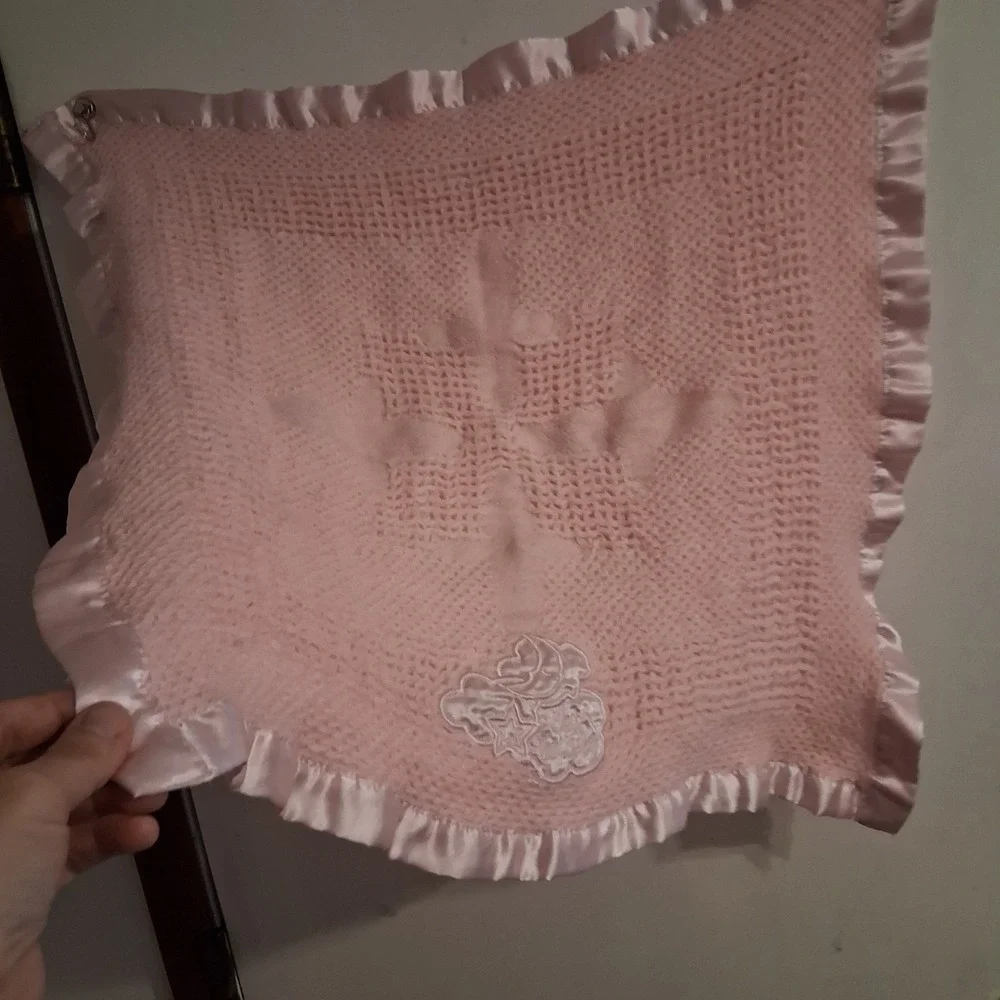 Kidgets Pink Waffle Weave Satin Edge Bless This Baby Blanket 28x29 Thermal Lovey